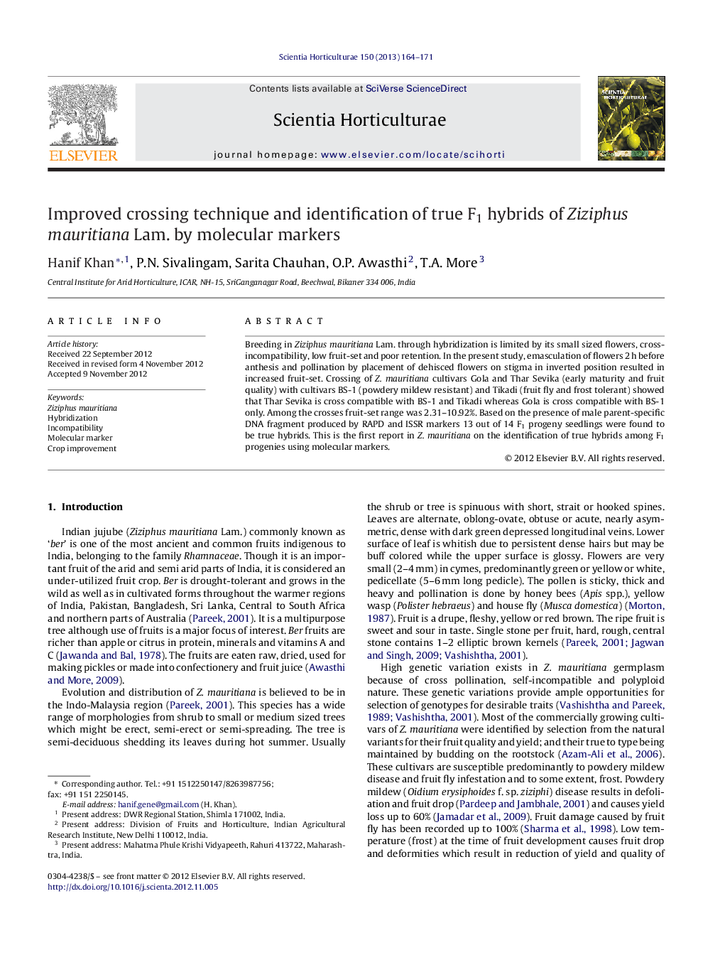 Improved crossing technique and identification of true F1 hybrids of Ziziphus mauritiana Lam. by molecular markers