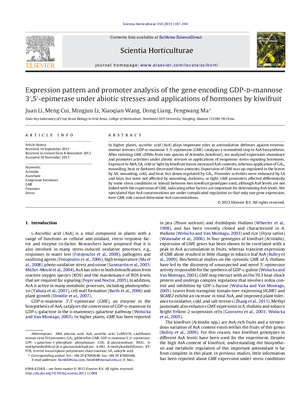 Expression pattern and promoter analysis of the gene encoding GDP-d-mannose 3′,5′-epimerase under abiotic stresses and applications of hormones by kiwifruit