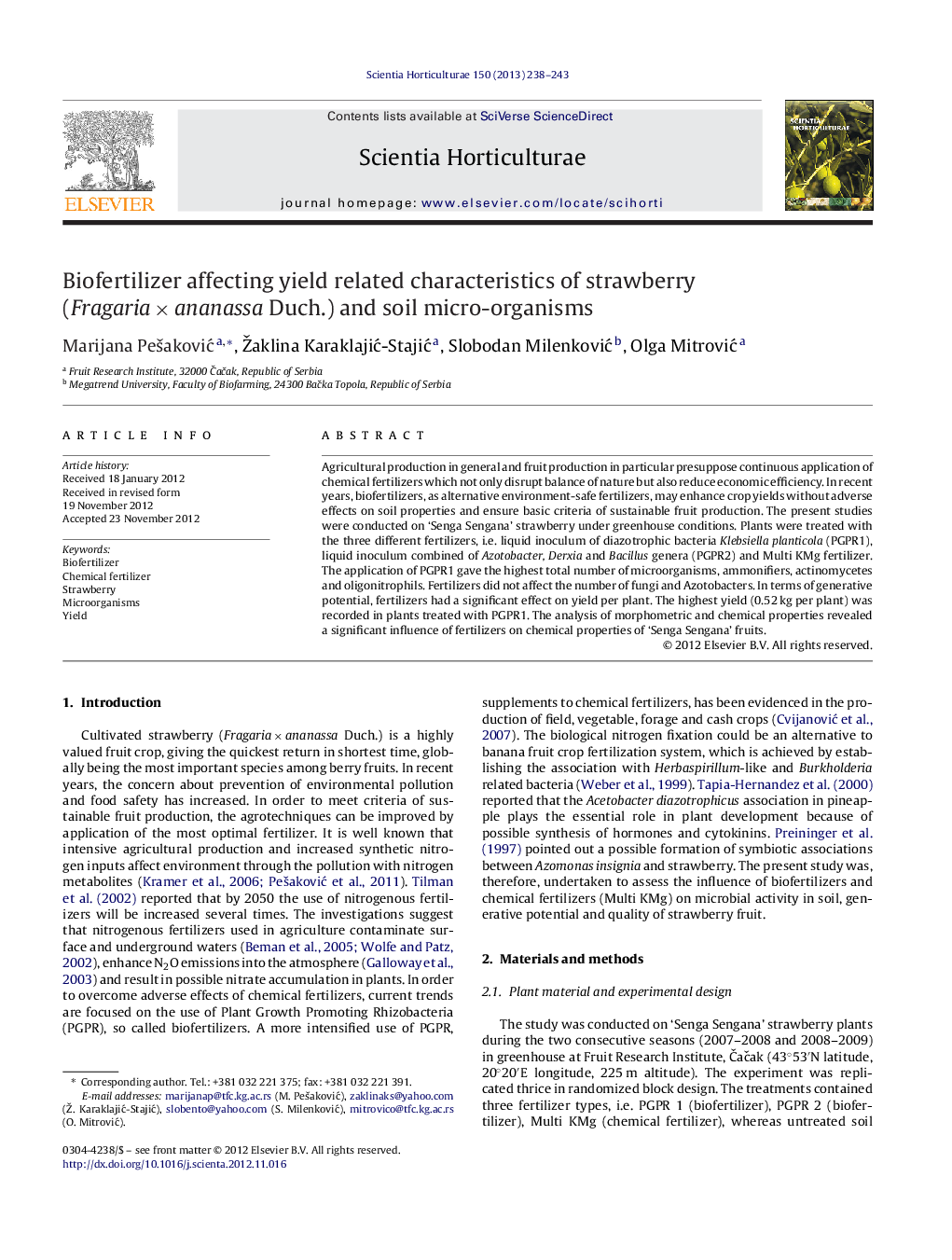 Biofertilizer affecting yield related characteristics of strawberry (Fragaria × ananassa Duch.) and soil micro-organisms