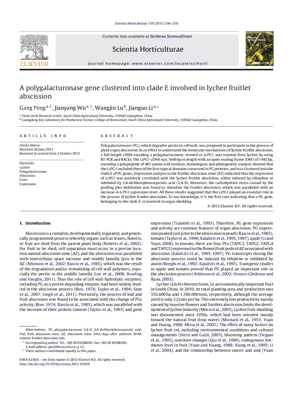 A polygalacturonase gene clustered into clade E involved in lychee fruitlet abscission