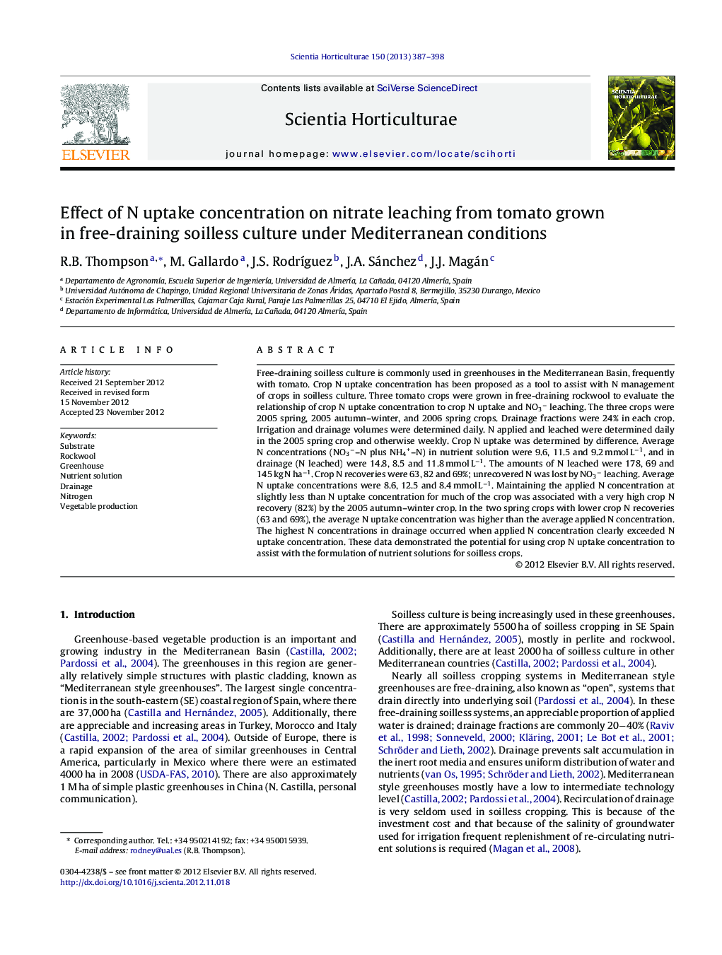 Effect of N uptake concentration on nitrate leaching from tomato grown in free-draining soilless culture under Mediterranean conditions