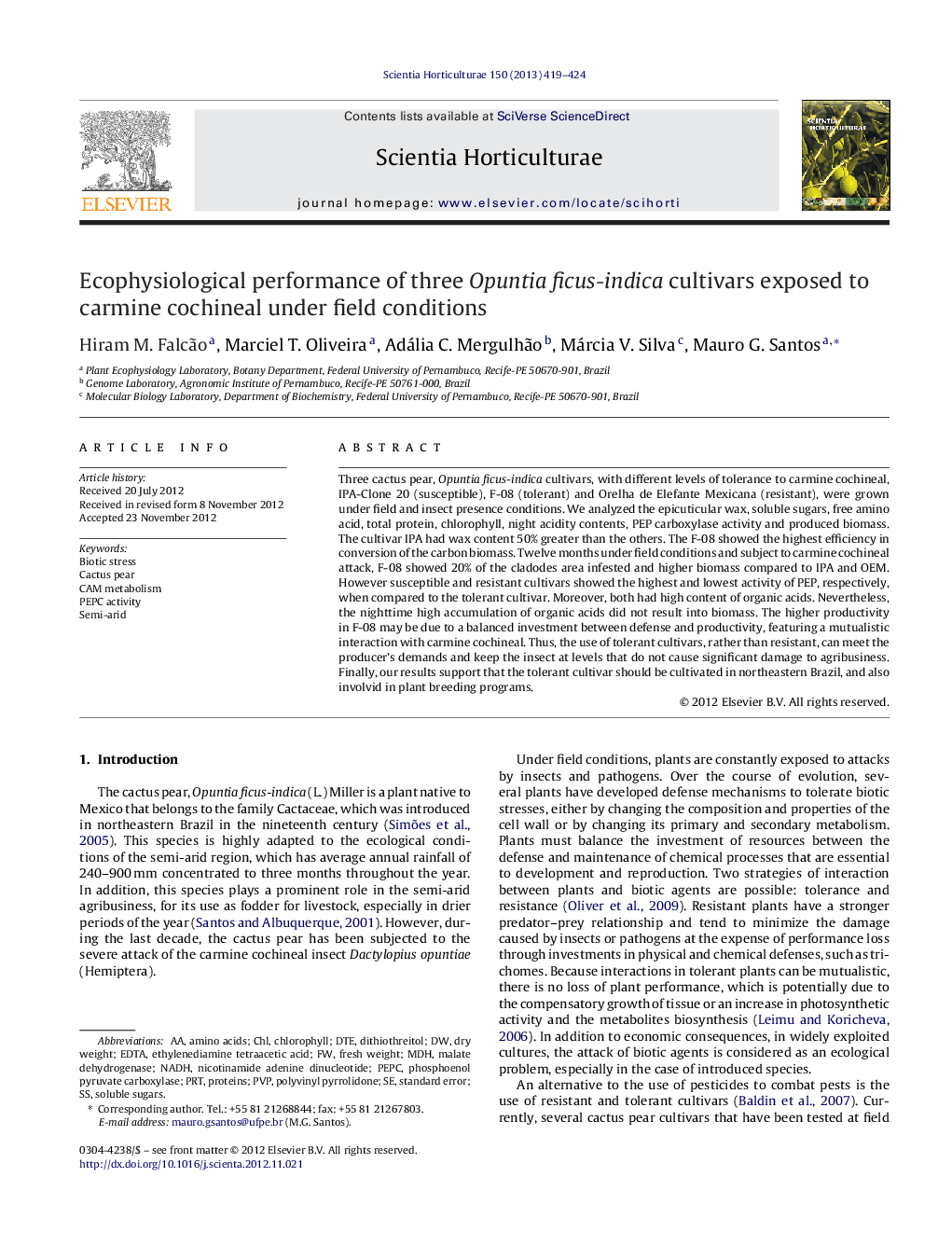 Ecophysiological performance of three Opuntia ficus-indica cultivars exposed to carmine cochineal under field conditions