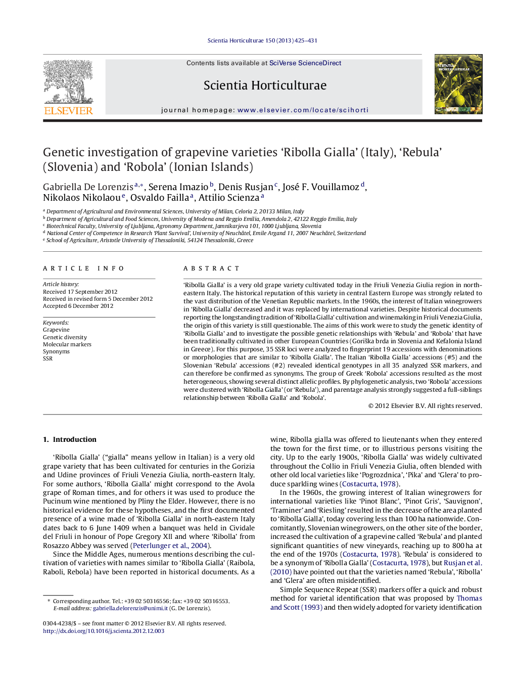 Genetic investigation of grapevine varieties ‘Ribolla Gialla’ (Italy), ‘Rebula’ (Slovenia) and ‘Robola’ (Ionian Islands)