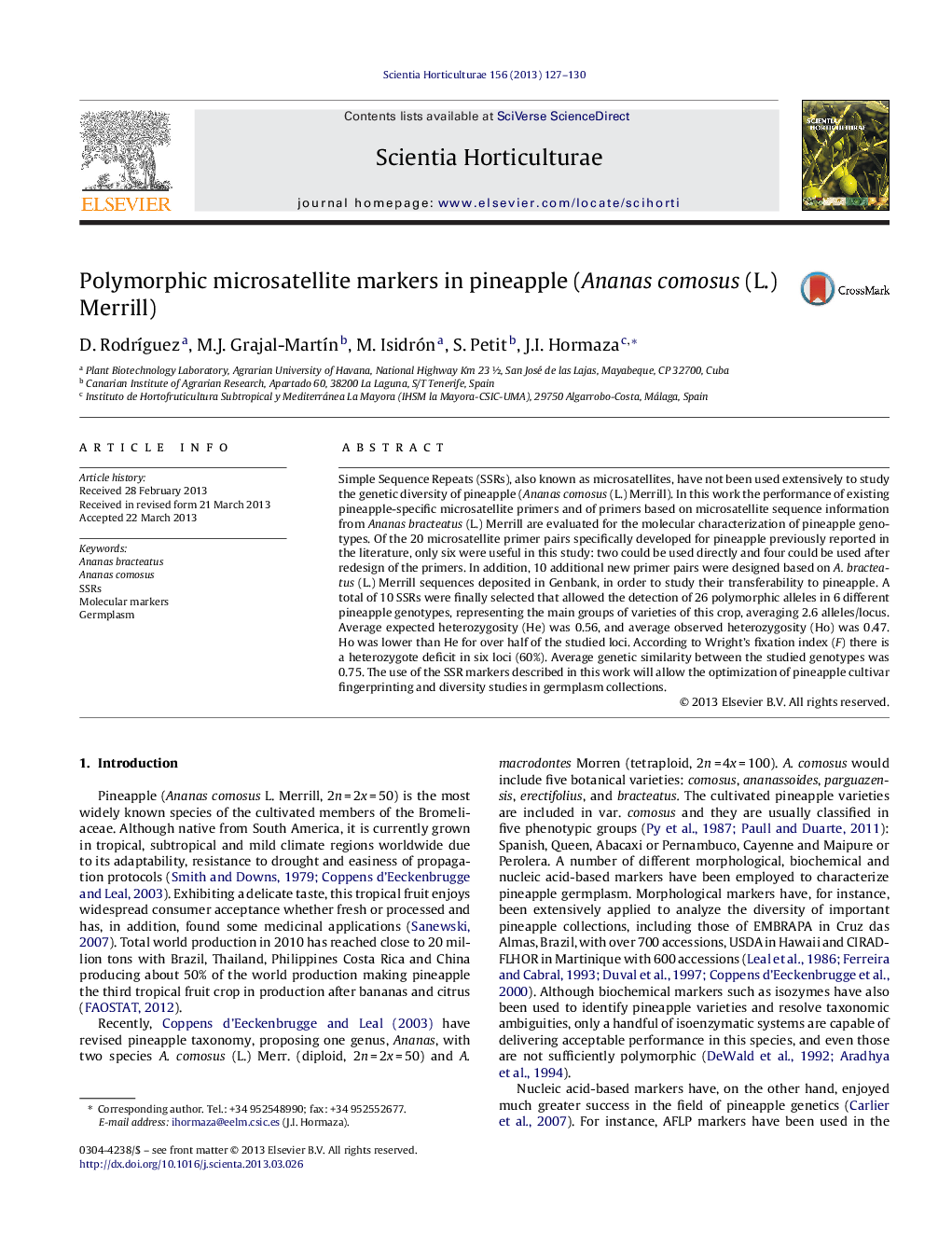 عکس صفحه اول مقاله: Polymorphic microsatellite markers in pineapple (Ananas comosus (L.) Merrill) Polymorphic microsatellite markers in pineapple (Ananas comosus (L.) Merrill)