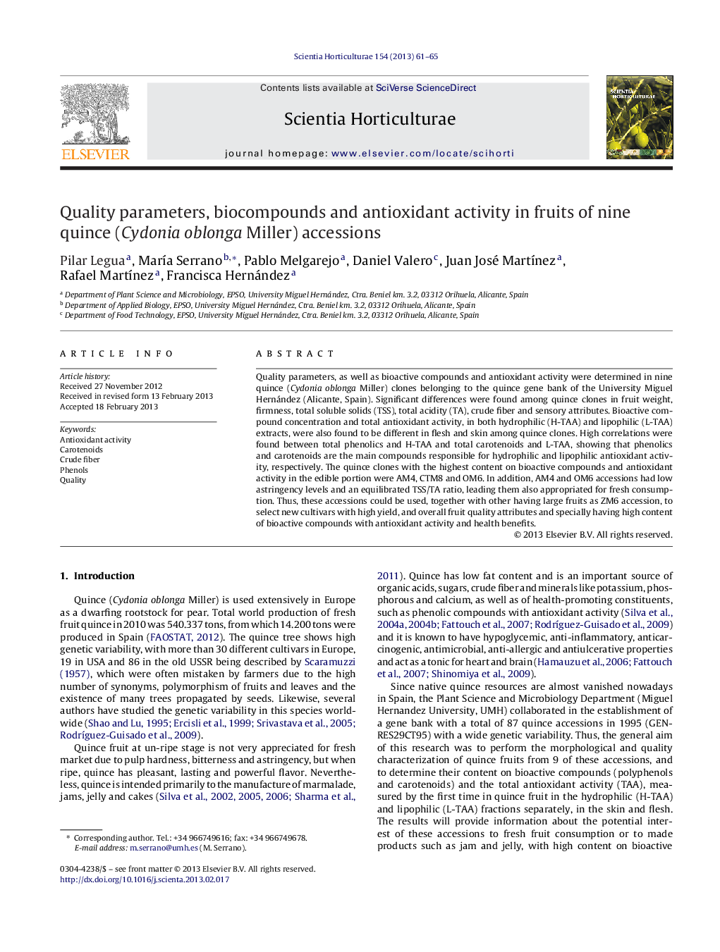 Quality parameters, biocompounds and antioxidant activity in fruits of nine quince (Cydonia oblonga Miller) accessions