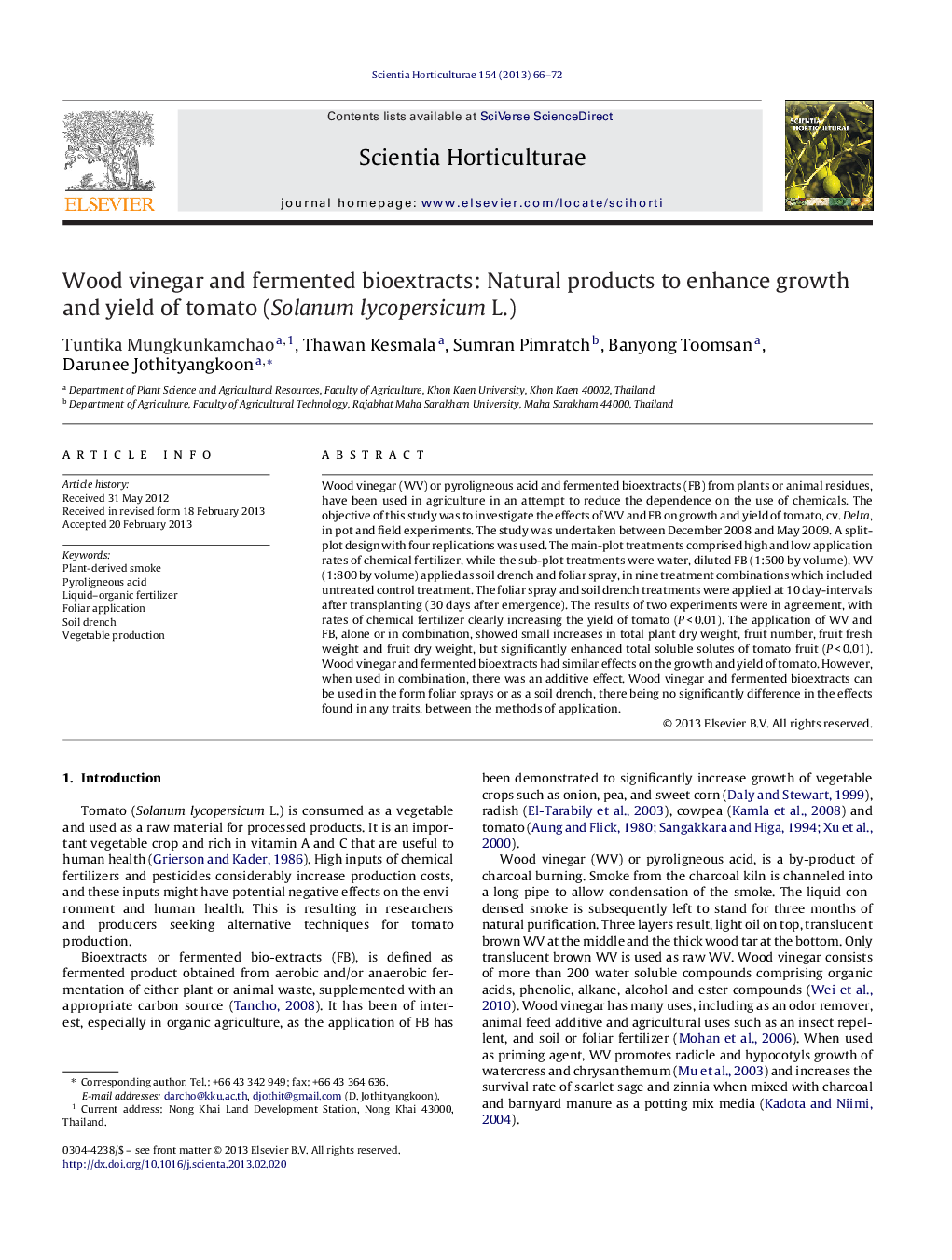 Wood vinegar and fermented bioextracts: Natural products to enhance growth and yield of tomato (Solanum lycopersicum L.)