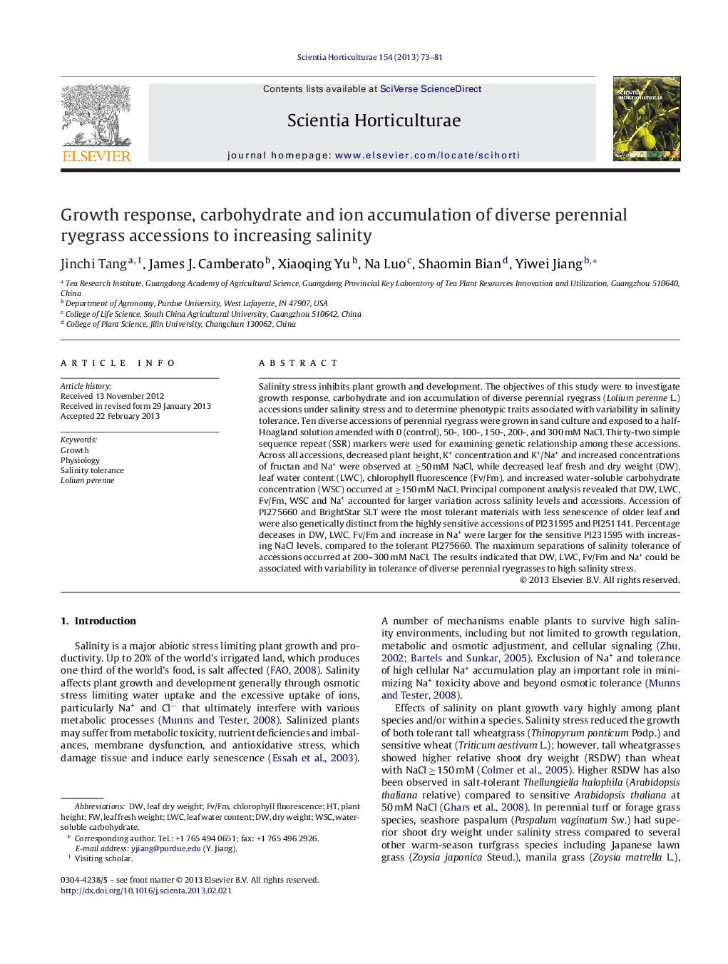 Growth response, carbohydrate and ion accumulation of diverse perennial ryegrass accessions to increasing salinity