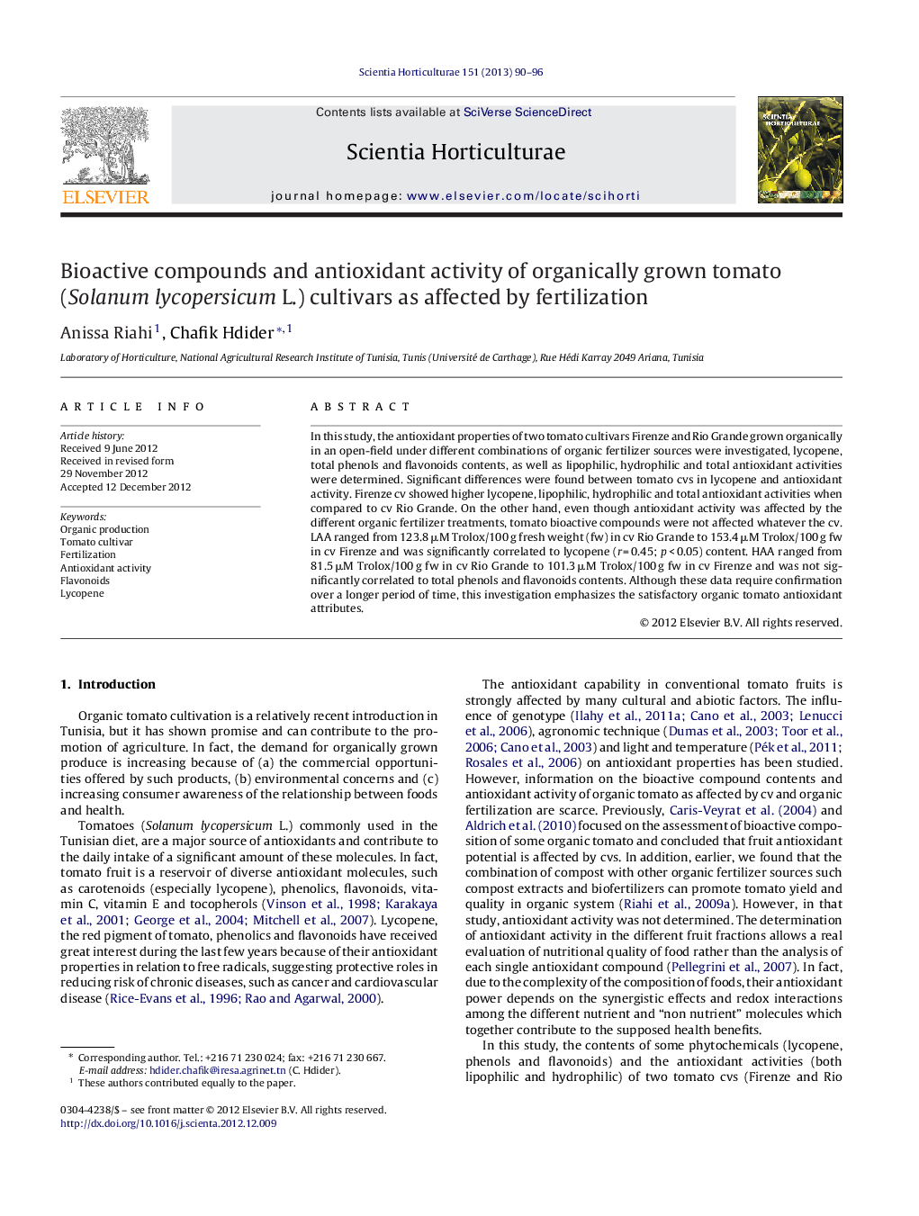 Bioactive compounds and antioxidant activity of organically grown tomato (Solanum lycopersicum L.) cultivars as affected by fertilization