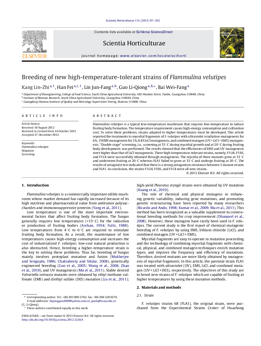 Breeding of new high-temperature-tolerant strains of Flammulina velutipes