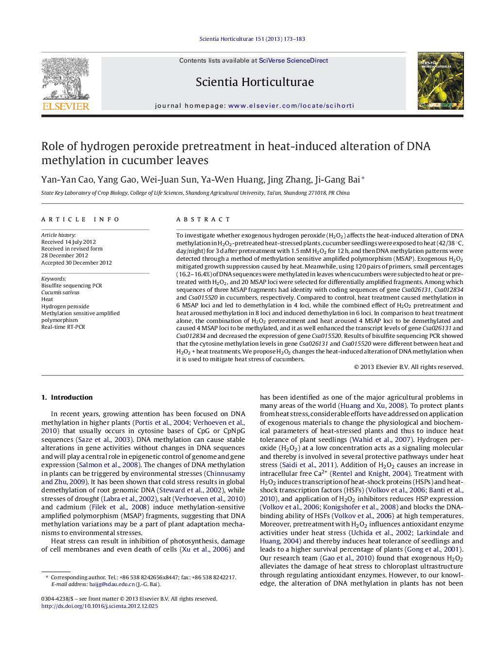 Role of hydrogen peroxide pretreatment in heat-induced alteration of DNA methylation in cucumber leaves