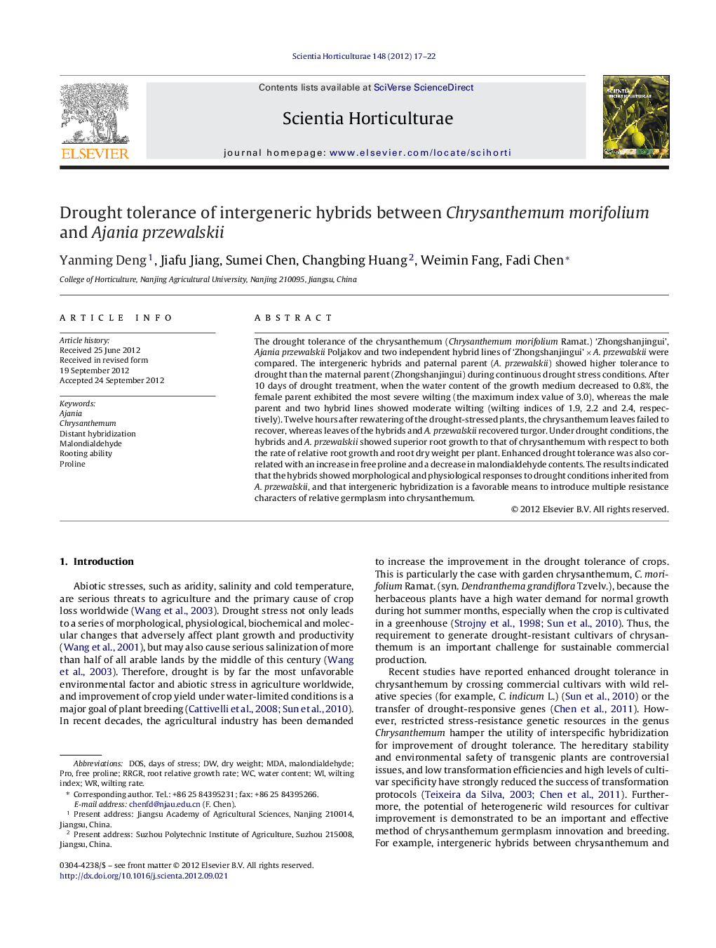 Drought tolerance of intergeneric hybrids between Chrysanthemum morifolium and Ajania przewalskii