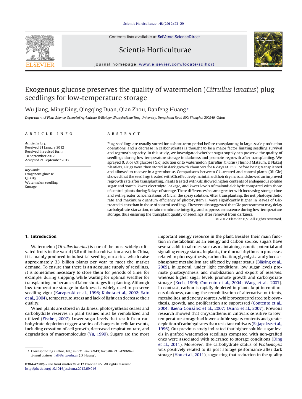 Exogenous glucose preserves the quality of watermelon (Citrullus lanatus) plug seedlings for low-temperature storage