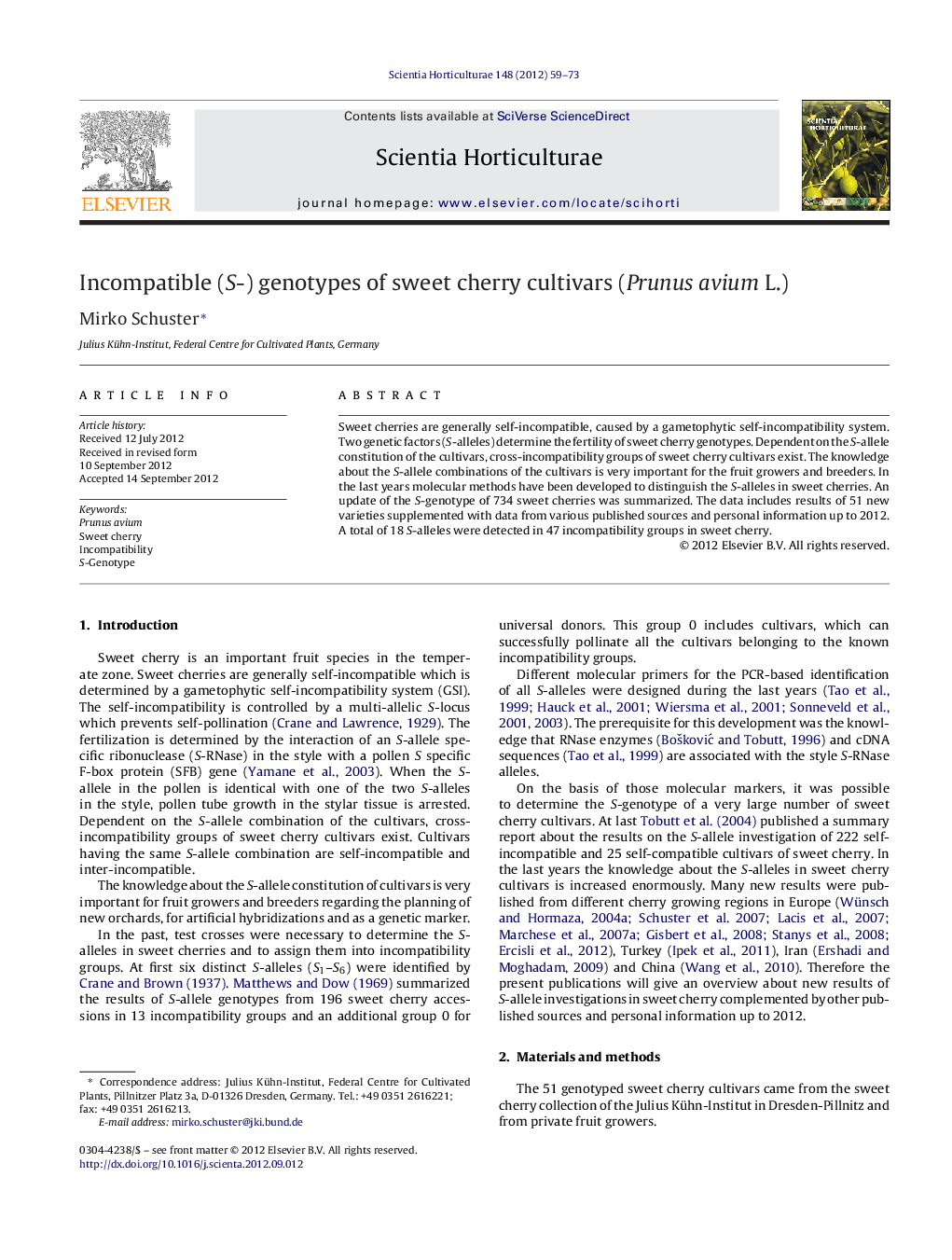 Incompatible (S-) genotypes of sweet cherry cultivars (Prunus avium L.)