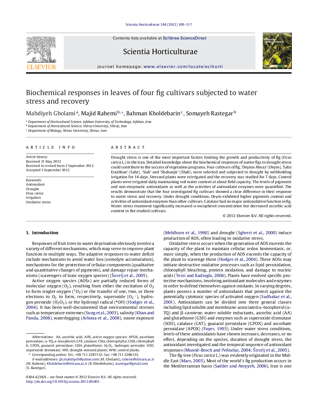 Biochemical responses in leaves of four fig cultivars subjected to water stress and recovery