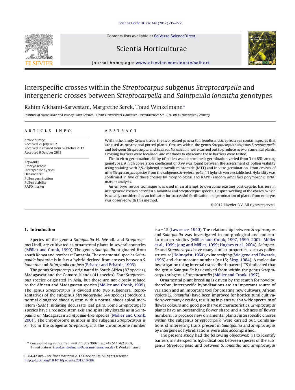 Interspecific crosses within the Streptocarpus subgenus Streptocarpella and intergeneric crosses between Streptocarpella and Saintpaulia ionantha genotypes