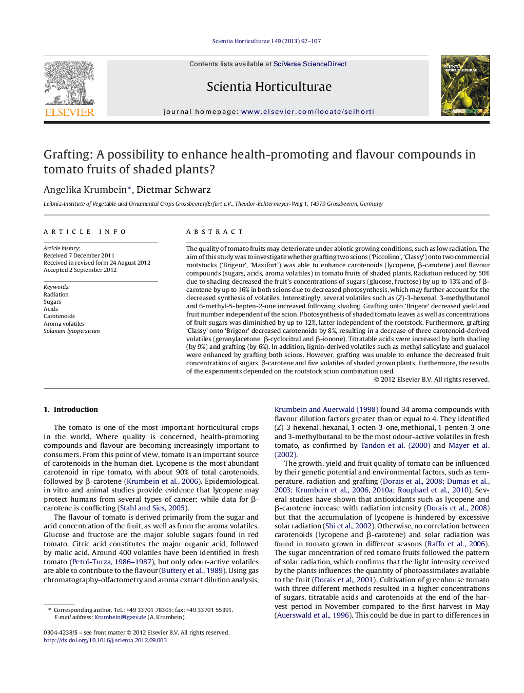 Grafting: A possibility to enhance health-promoting and flavour compounds in tomato fruits of shaded plants?