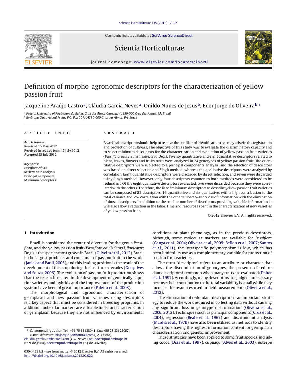 عکس صفحه اول مقاله: Definition of morpho-agronomic descriptors for the characterization of yellow passion fruit Definition of morpho-agronomic descriptors for the characterization of yellow passion fruit