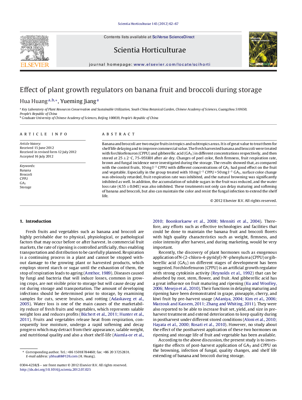 Effect of plant growth regulators on banana fruit and broccoli during storage