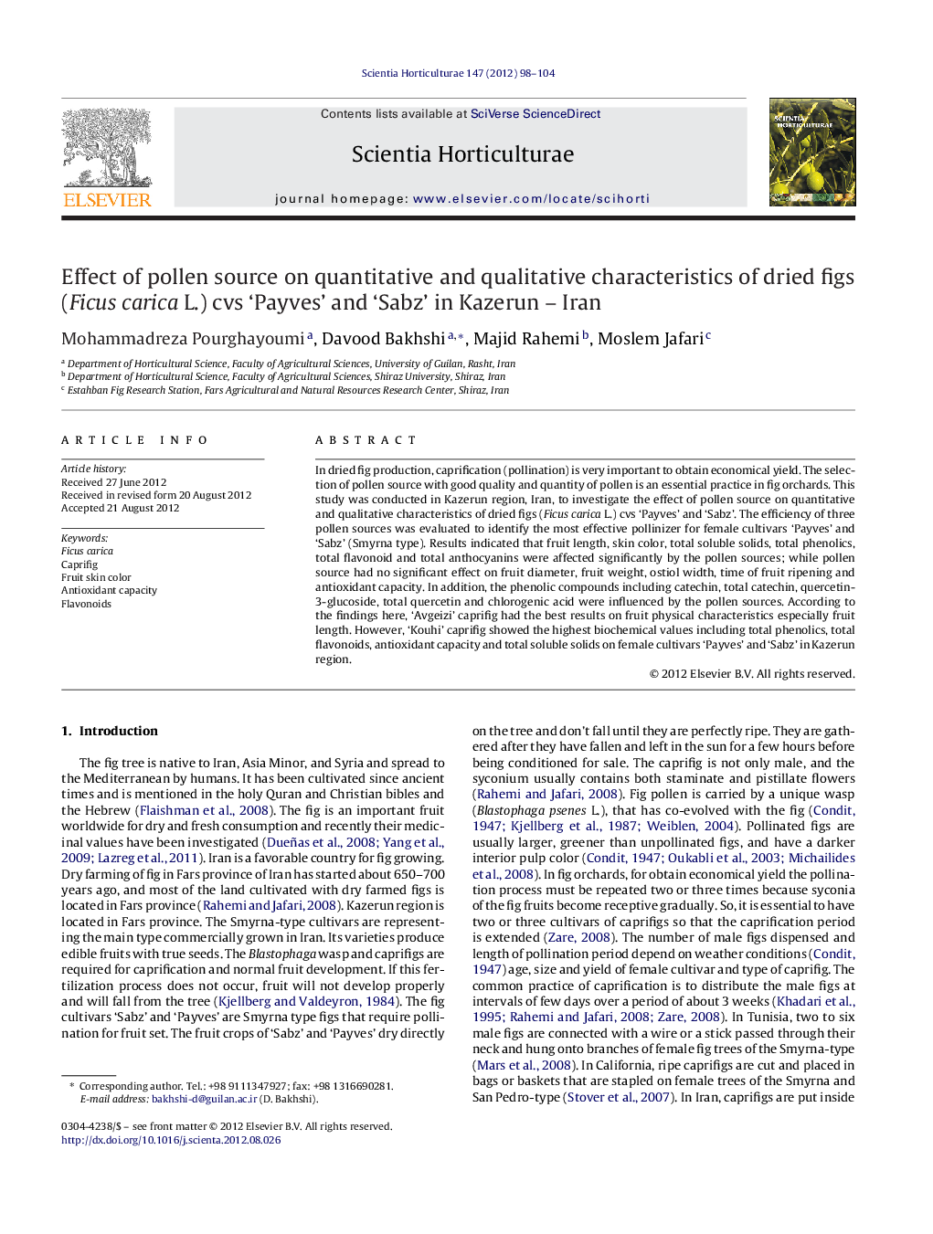 Effect of pollen source on quantitative and qualitative characteristics of dried figs (Ficus carica L.) cvs ‘Payves’ and ‘Sabz’ in Kazerun – Iran