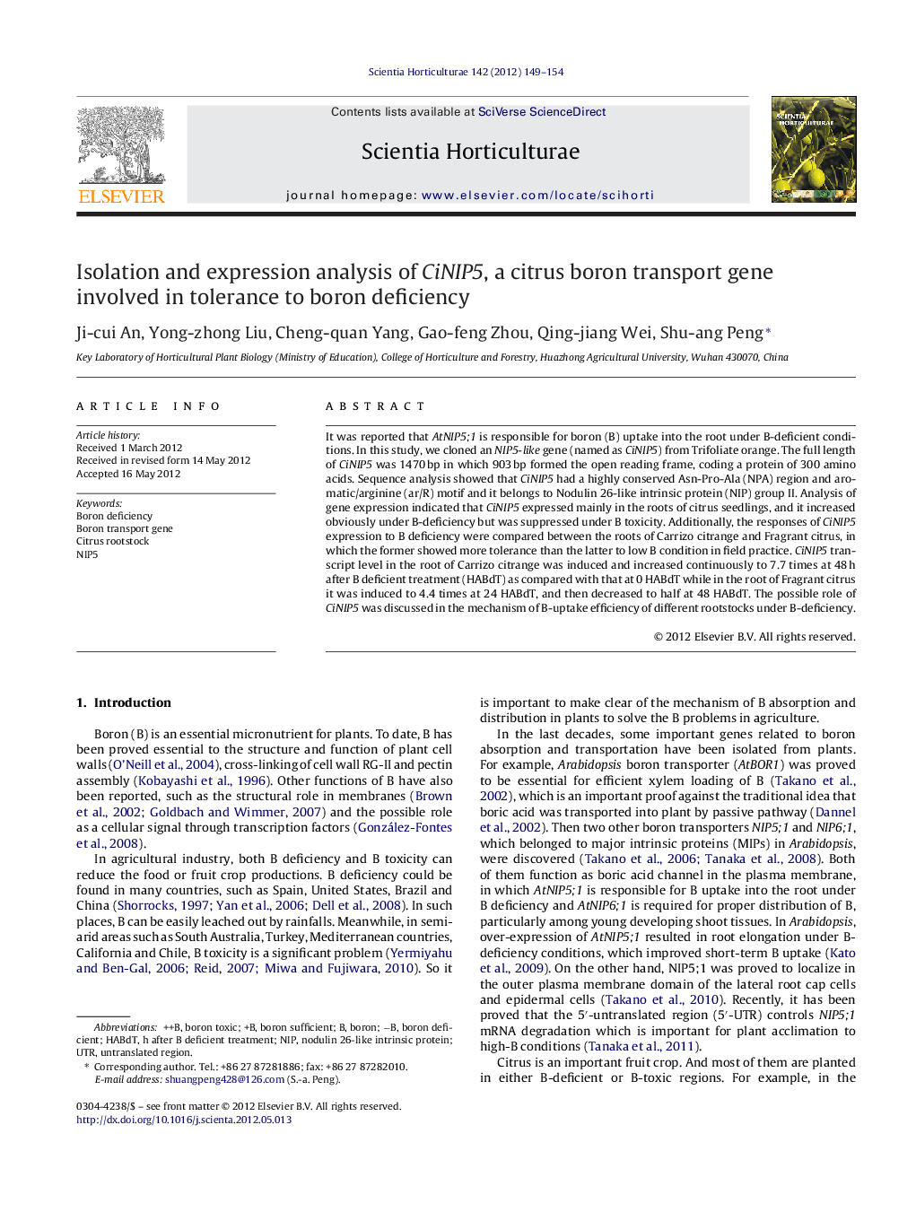 Isolation and expression analysis of CiNIP5, a citrus boron transport gene involved in tolerance to boron deficiency