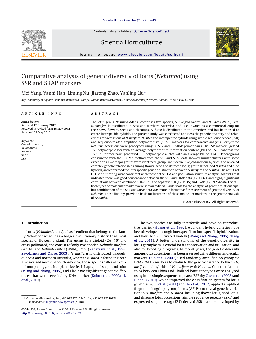 عکس صفحه اول مقاله: Comparative analysis of genetic diversity of lotus (Nelumbo) using SSR and SRAP markers Comparative analysis of genetic diversity of lotus (Nelumbo) using SSR and SRAP markers
