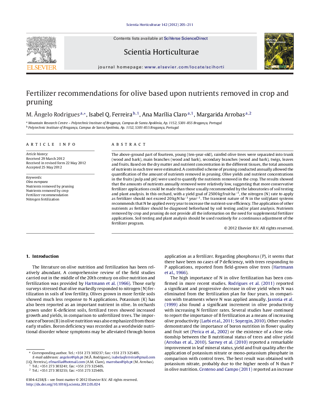 Fertilizer recommendations for olive based upon nutrients removed in crop and pruning