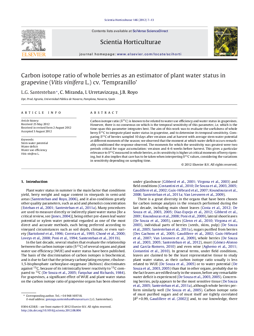 Carbon isotope ratio of whole berries as an estimator of plant water status in grapevine (Vitis vinifera L.) cv. 'Tempranillo'