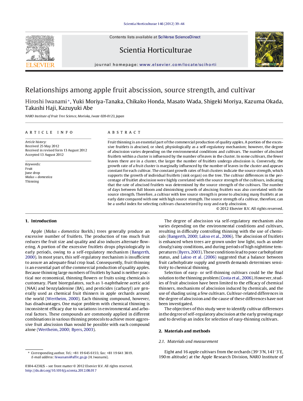 Relationships among apple fruit abscission, source strength, and cultivar