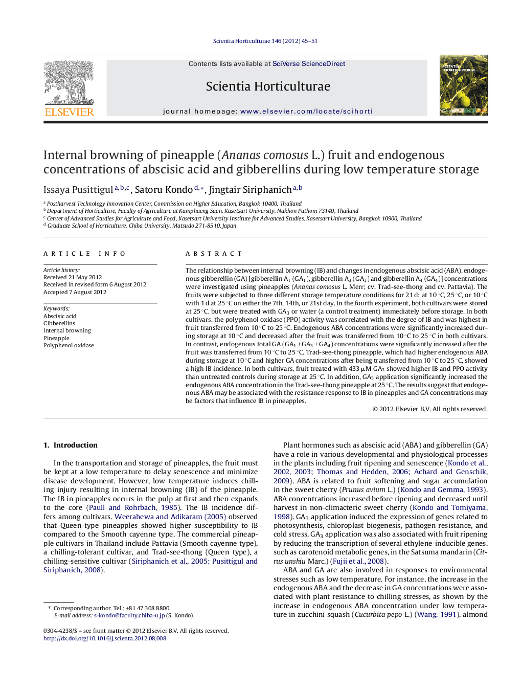 Internal browning of pineapple (Ananas comosus L.) fruit and endogenous concentrations of abscisic acid and gibberellins during low temperature storage