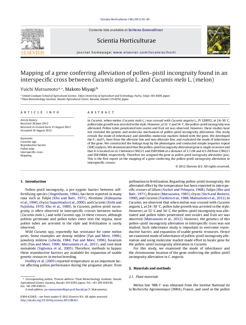 Mapping of a gene conferring alleviation of pollen–pistil incongruity found in an interspecific cross between Cucumis anguria L. and Cucumis melo L. (melon)