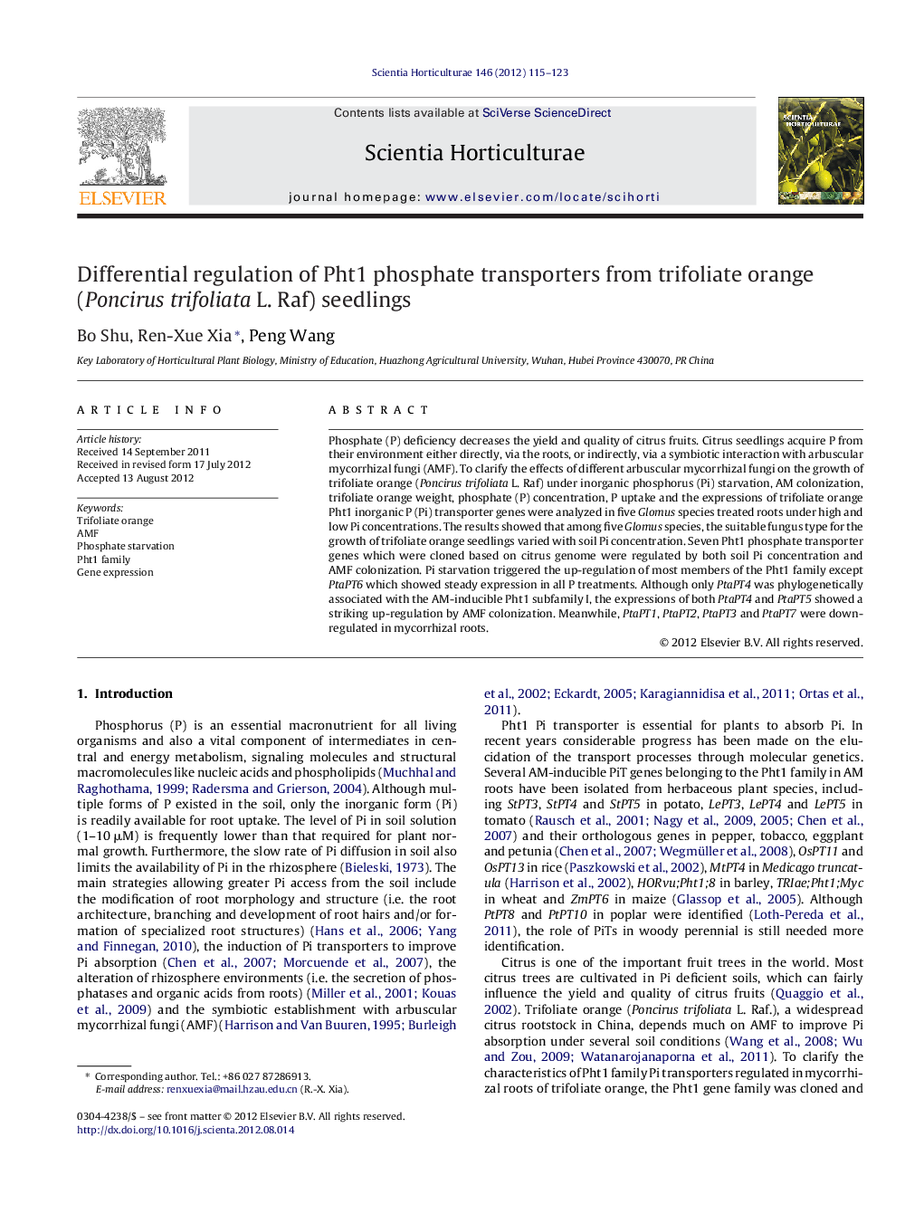 Differential regulation of Pht1 phosphate transporters from trifoliate orange (Poncirus trifoliata L. Raf) seedlings