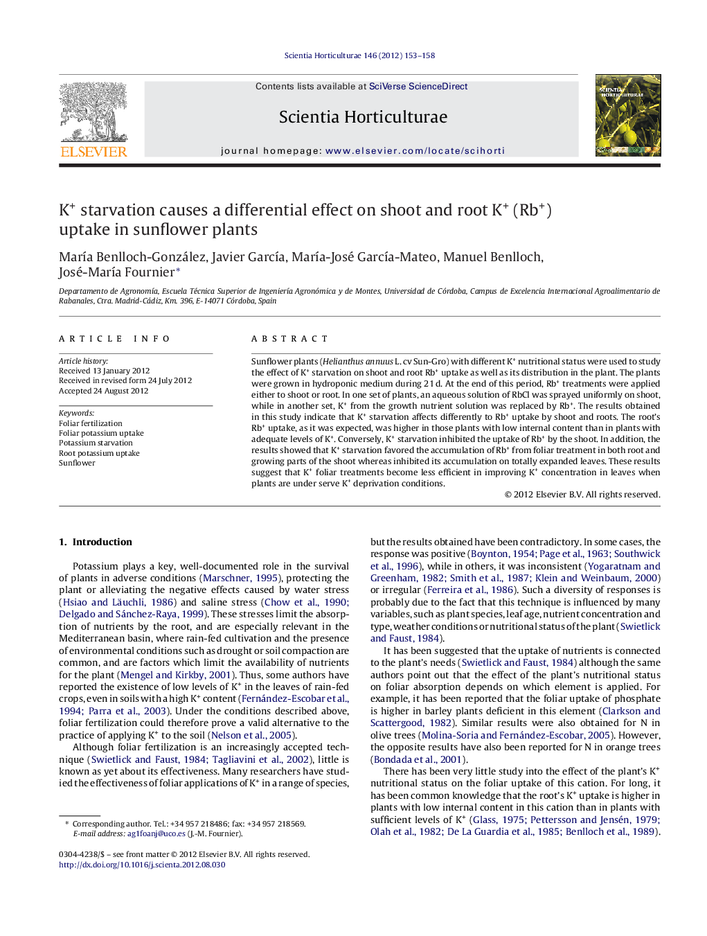 K+ starvation causes a differential effect on shoot and root K+ (Rb+) uptake in sunflower plants