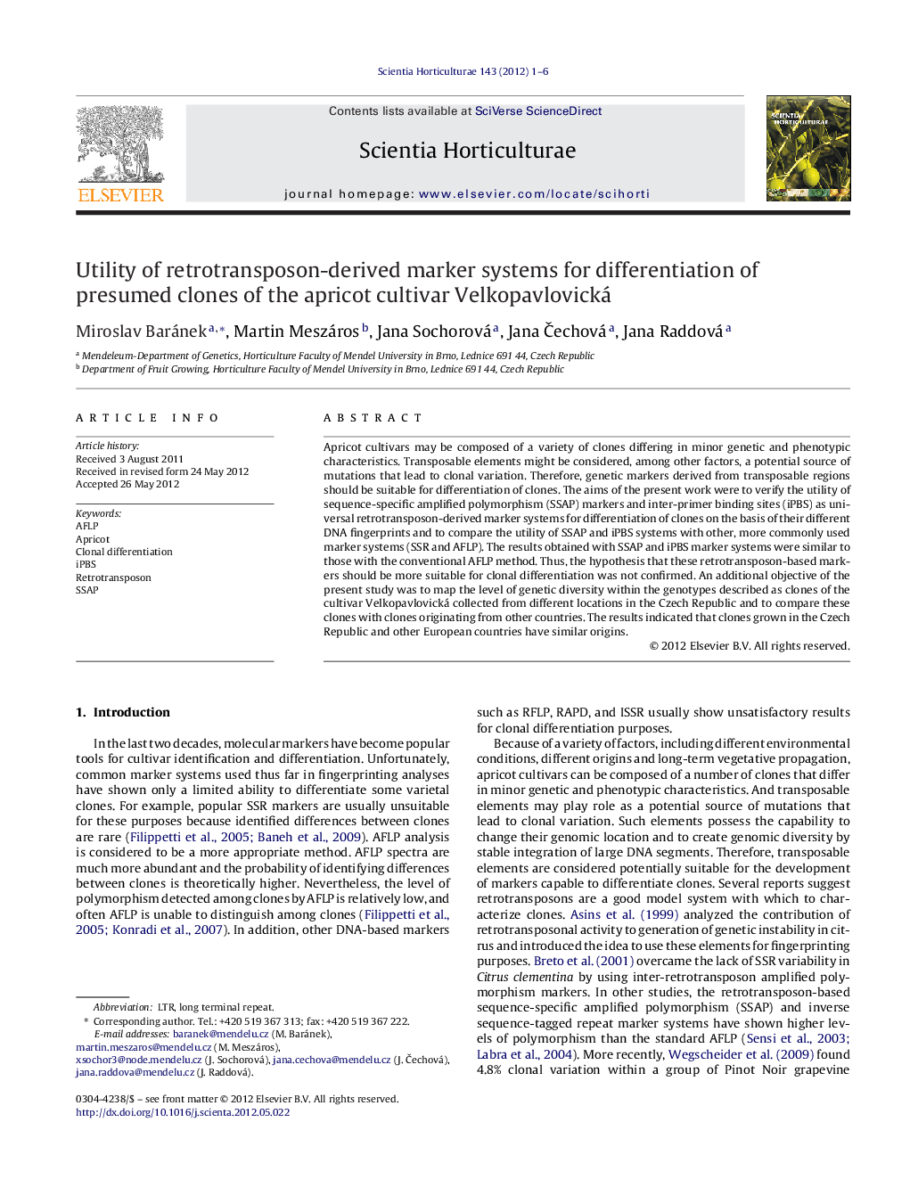 Utility of retrotransposon-derived marker systems for differentiation of presumed clones of the apricot cultivar Velkopavlovická