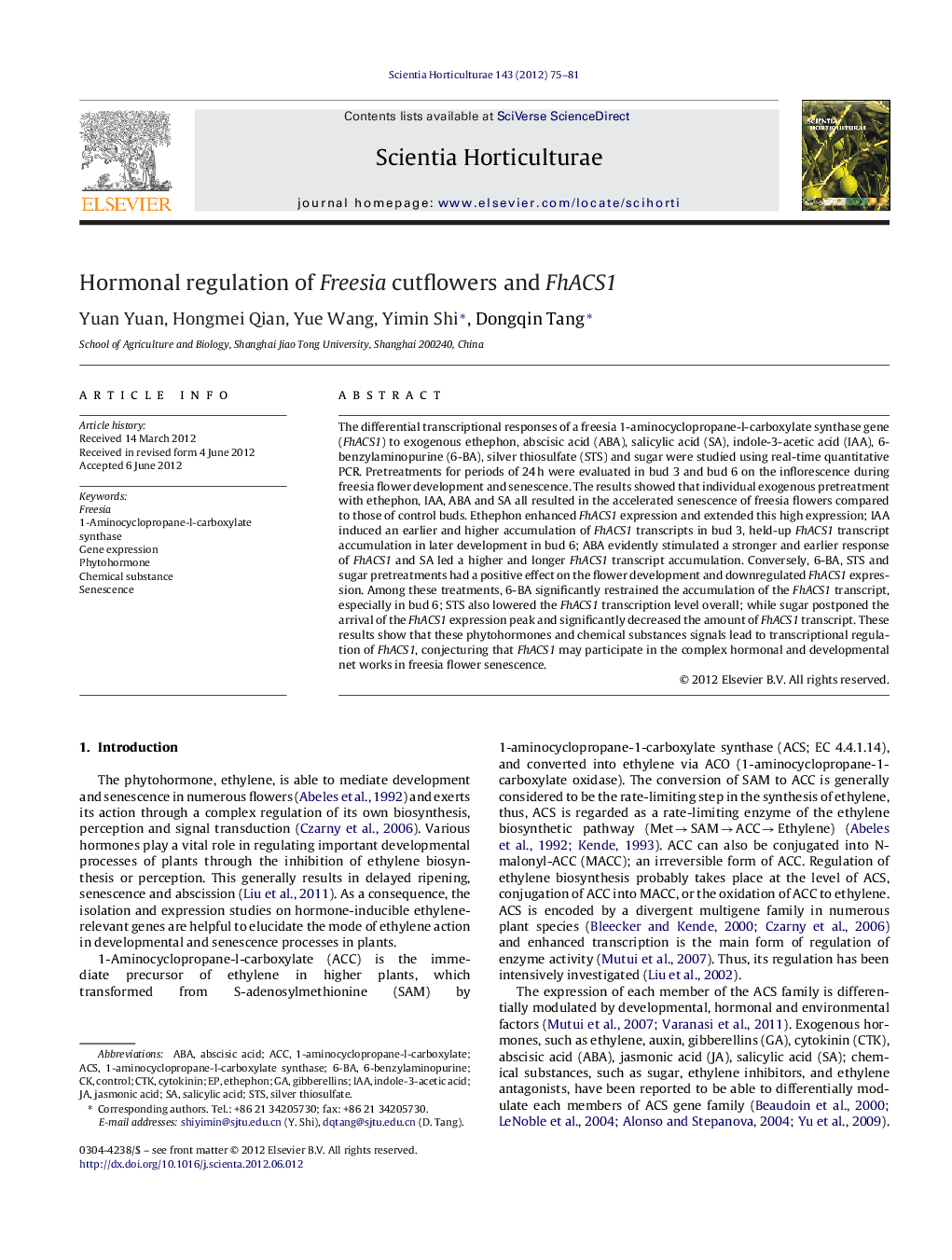 عکس صفحه اول مقاله: Hormonal regulation of Freesia cutflowers and FhACS1 Hormonal regulation of Freesia cutflowers and FhACS1