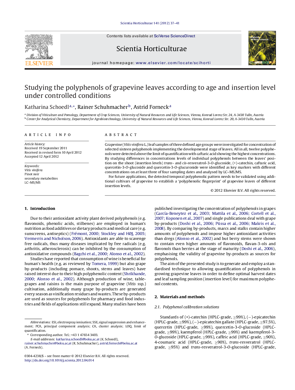 Studying the polyphenols of grapevine leaves according to age and insertion level under controlled conditions