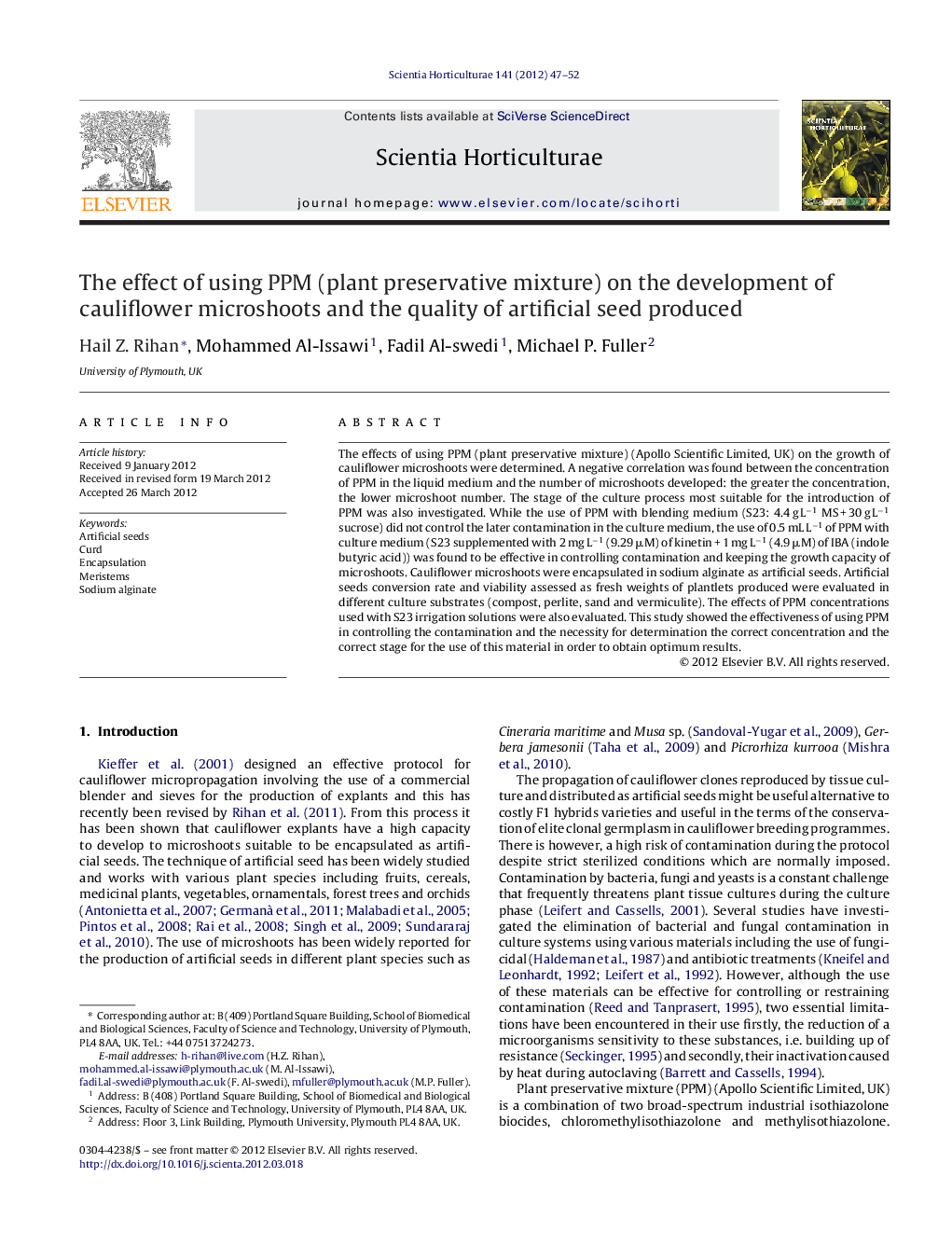 The effect of using PPM (plant preservative mixture) on the development of cauliflower microshoots and the quality of artificial seed produced