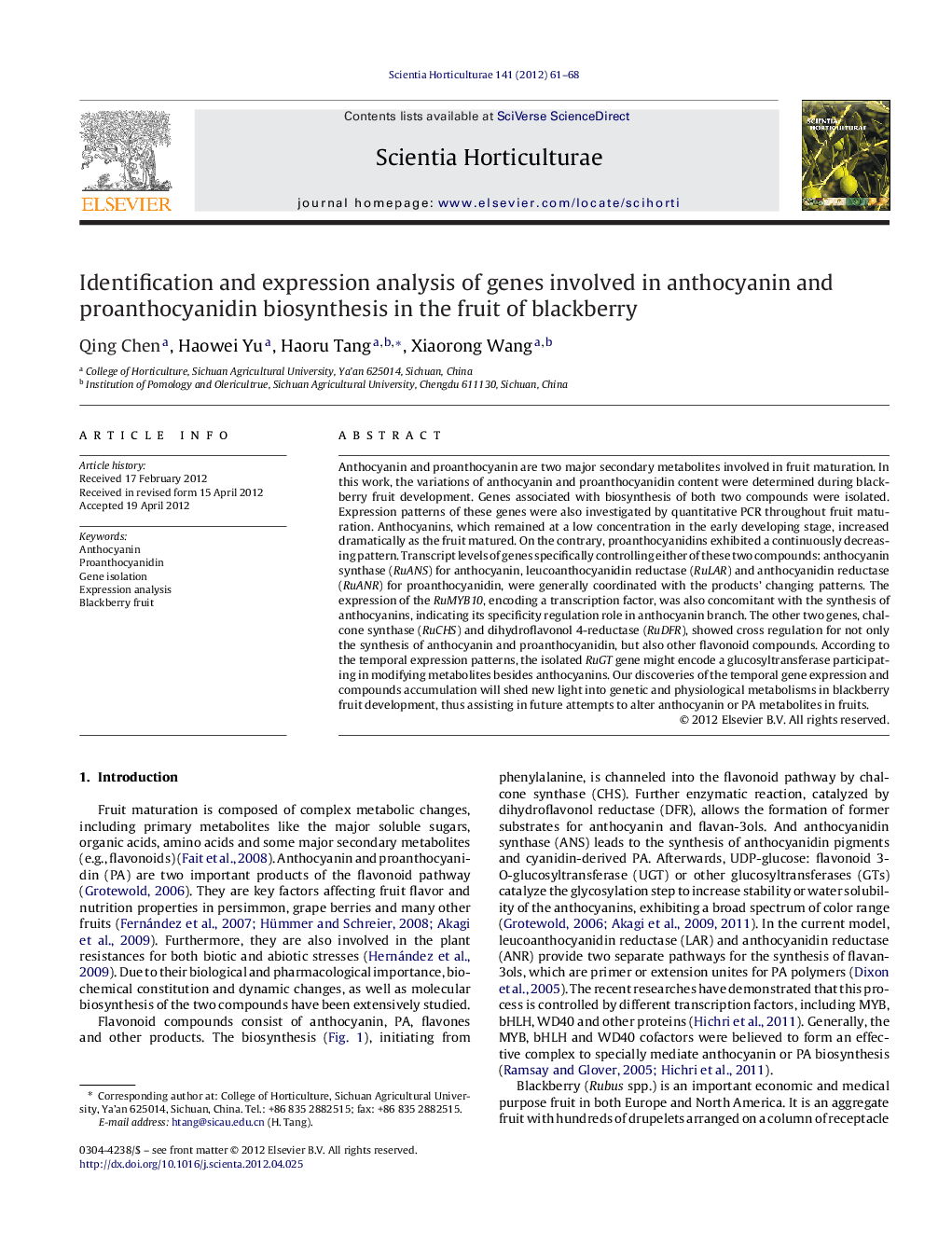 Identification and expression analysis of genes involved in anthocyanin and proanthocyanidin biosynthesis in the fruit of blackberry