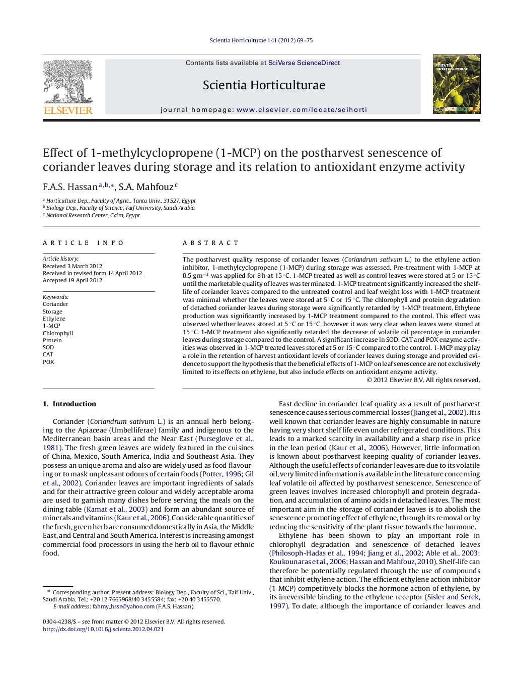 Effect of 1-methylcyclopropene (1-MCP) on the postharvest senescence of coriander leaves during storage and its relation to antioxidant enzyme activity