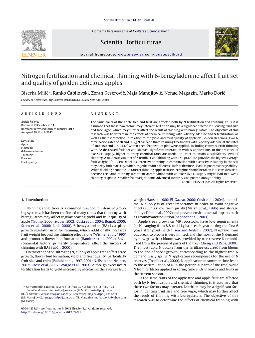 Nitrogen fertilization and chemical thinning with 6-benzyladenine affect fruit set and quality of golden delicious apples