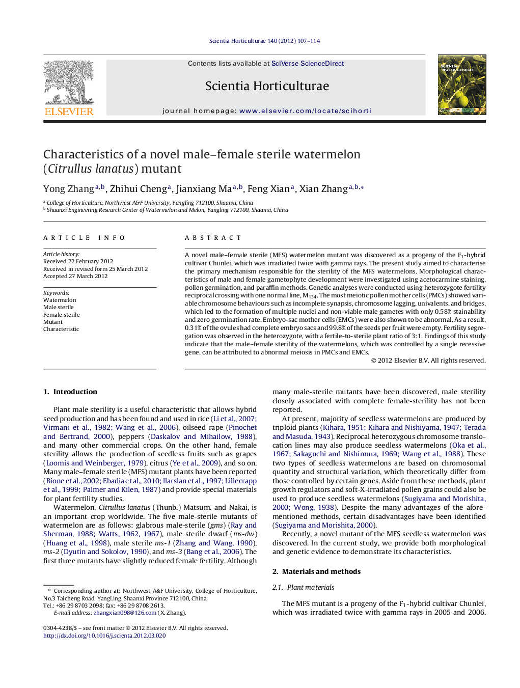 Characteristics of a novel male–female sterile watermelon (Citrullus lanatus) mutant