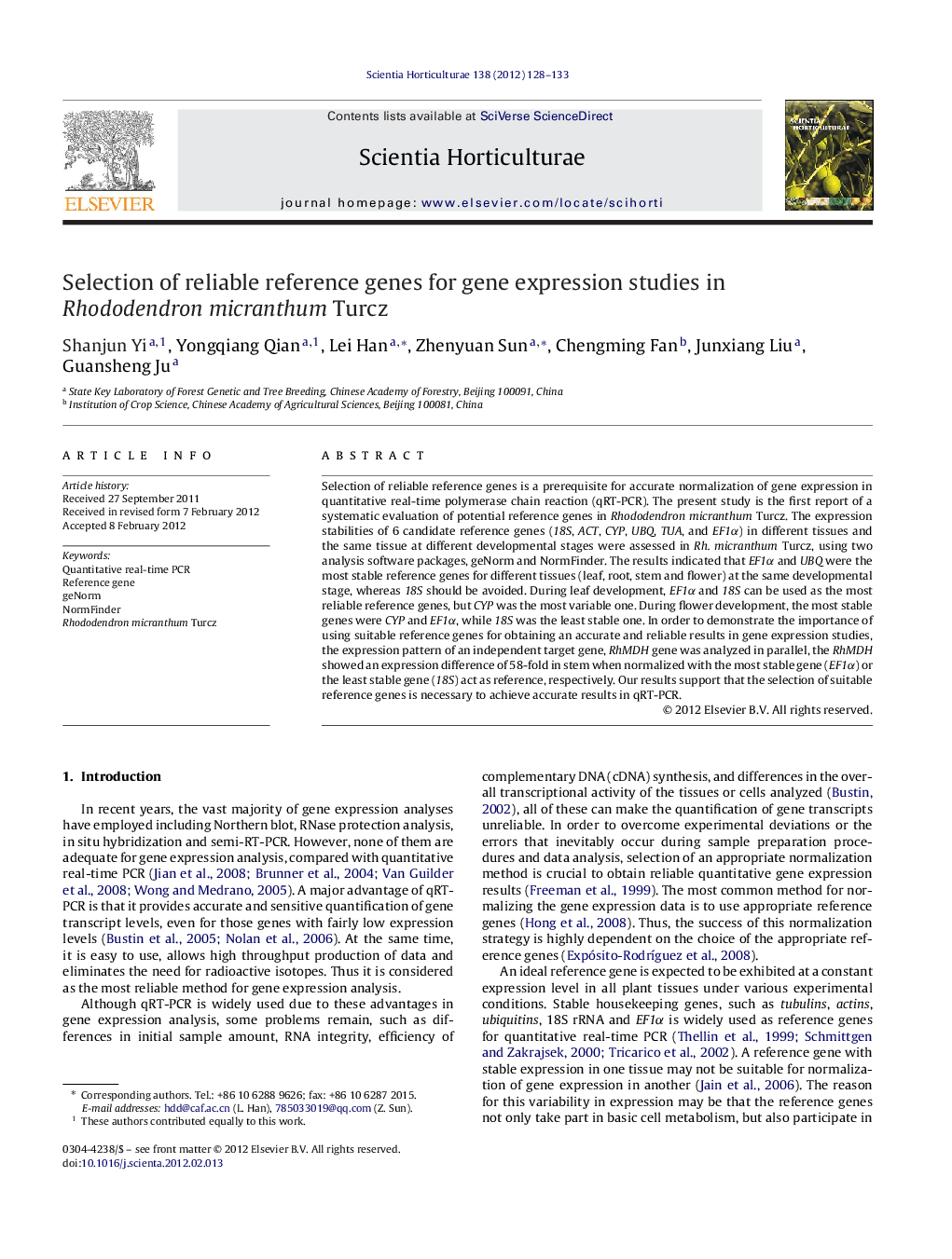 Selection of reliable reference genes for gene expression studies in Rhododendron micranthum Turcz