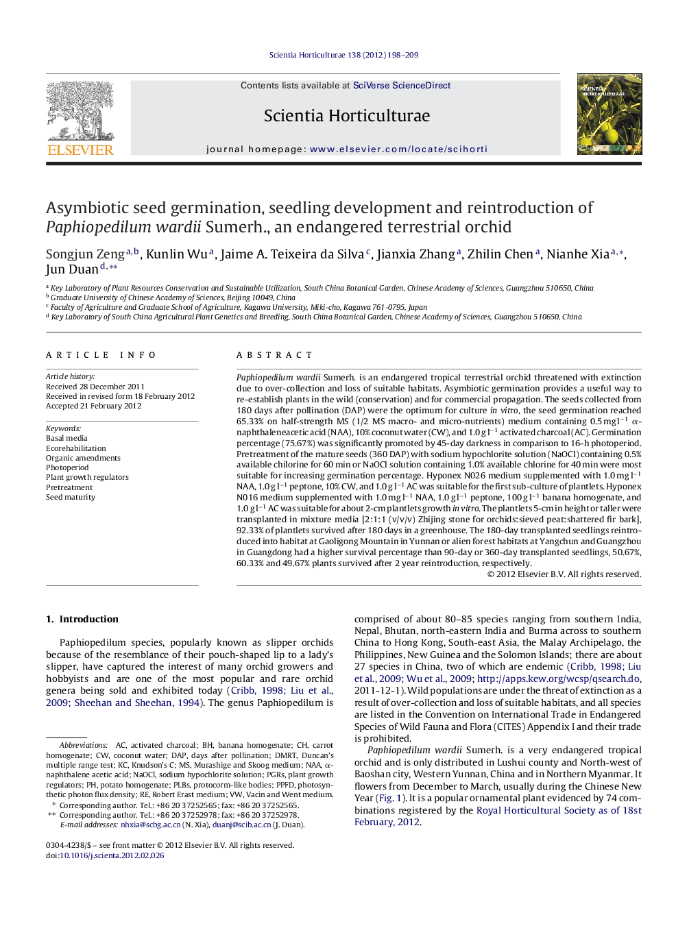 Asymbiotic seed germination, seedling development and reintroduction of Paphiopedilum wardii Sumerh., an endangered terrestrial orchid