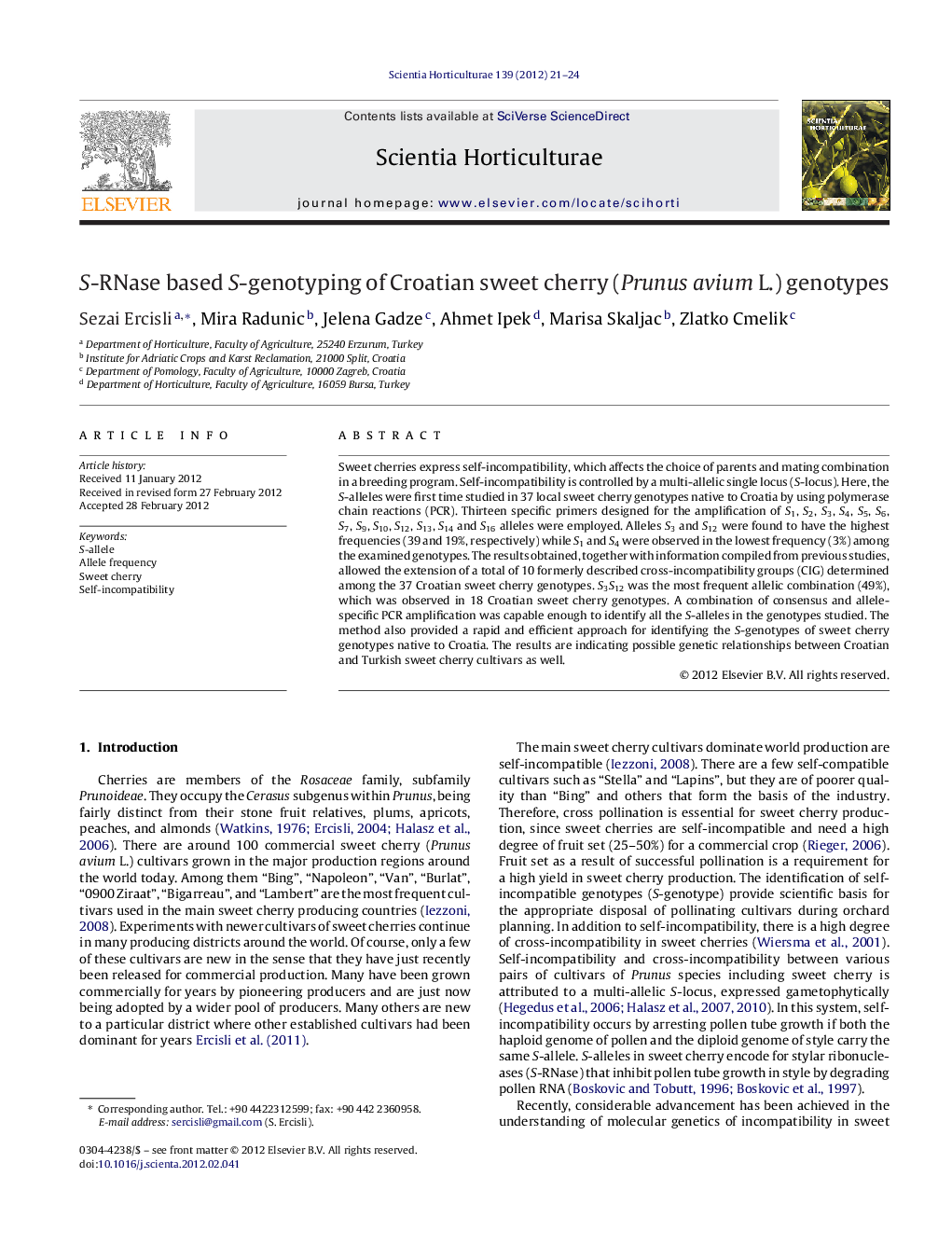 S-RNase based S-genotyping of Croatian sweet cherry (Prunus avium L.) genotypes