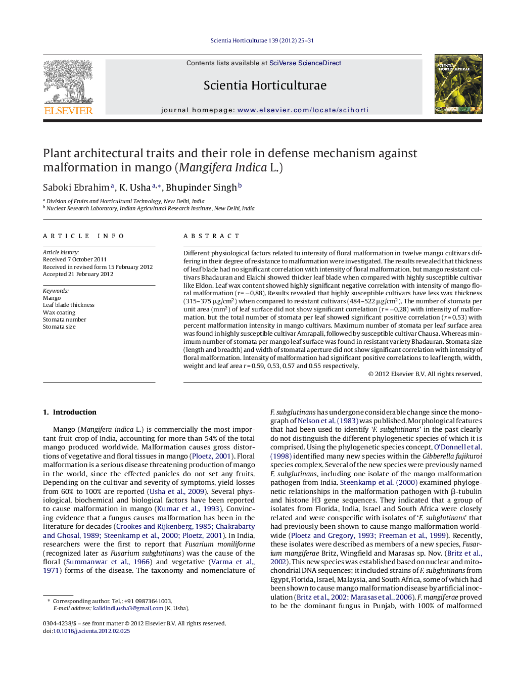 Plant architectural traits and their role in defense mechanism against malformation in mango (Mangifera Indica L.)