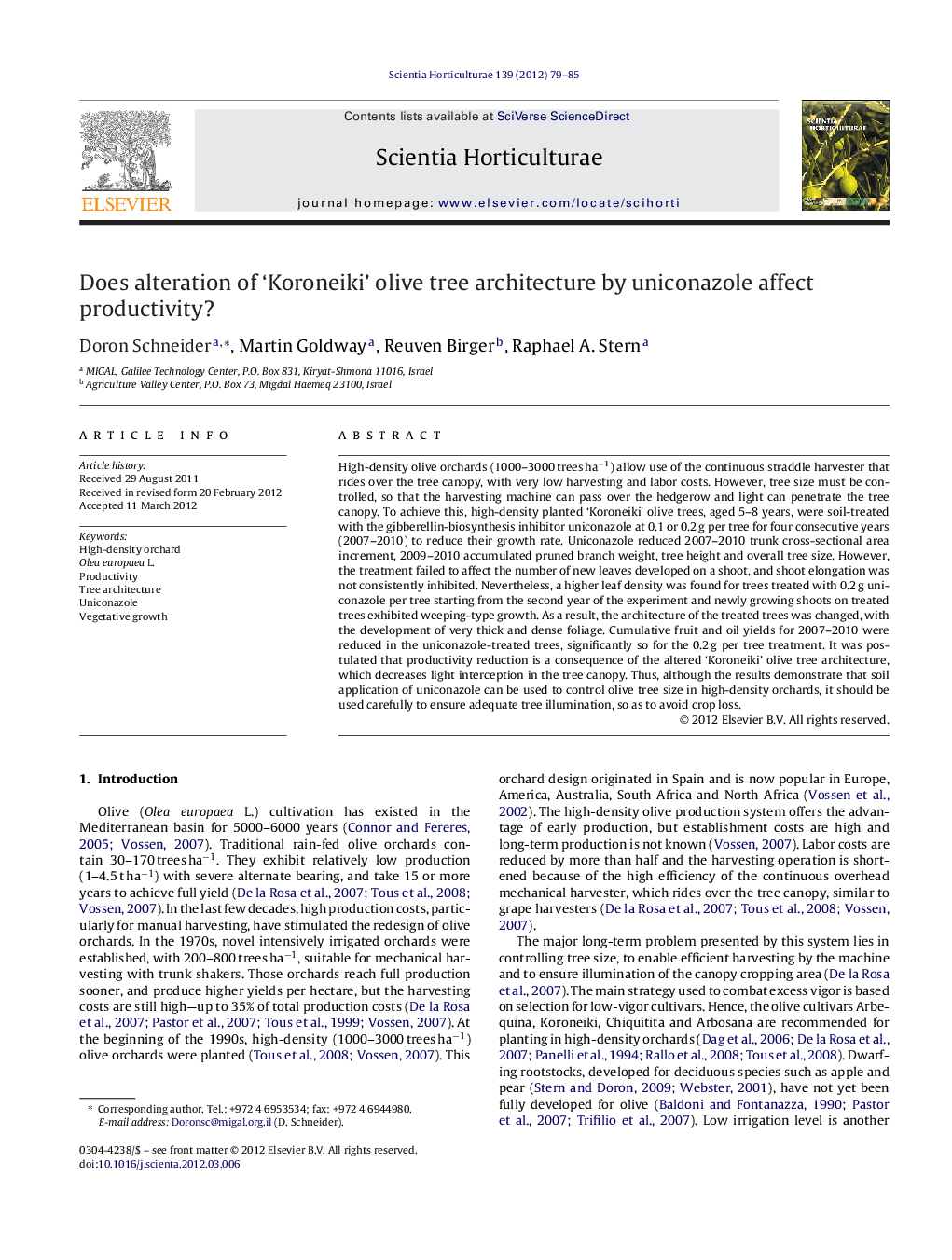 Does alteration of 'Koroneiki' olive tree architecture by uniconazole affect productivity?