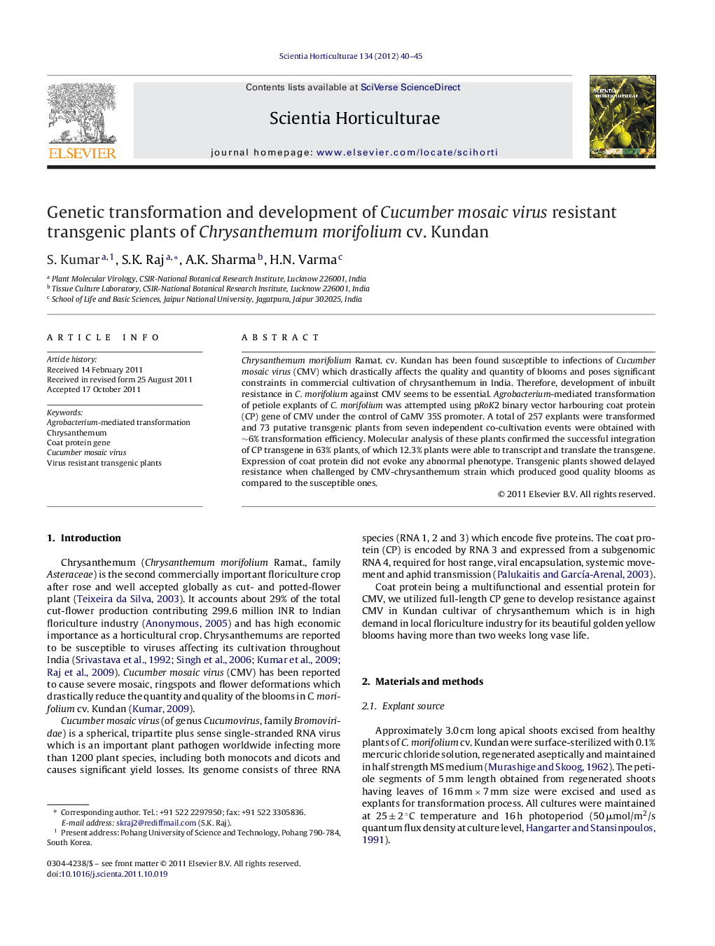 Genetic transformation and development of Cucumber mosaic virus resistant transgenic plants of Chrysanthemum morifolium cv. Kundan