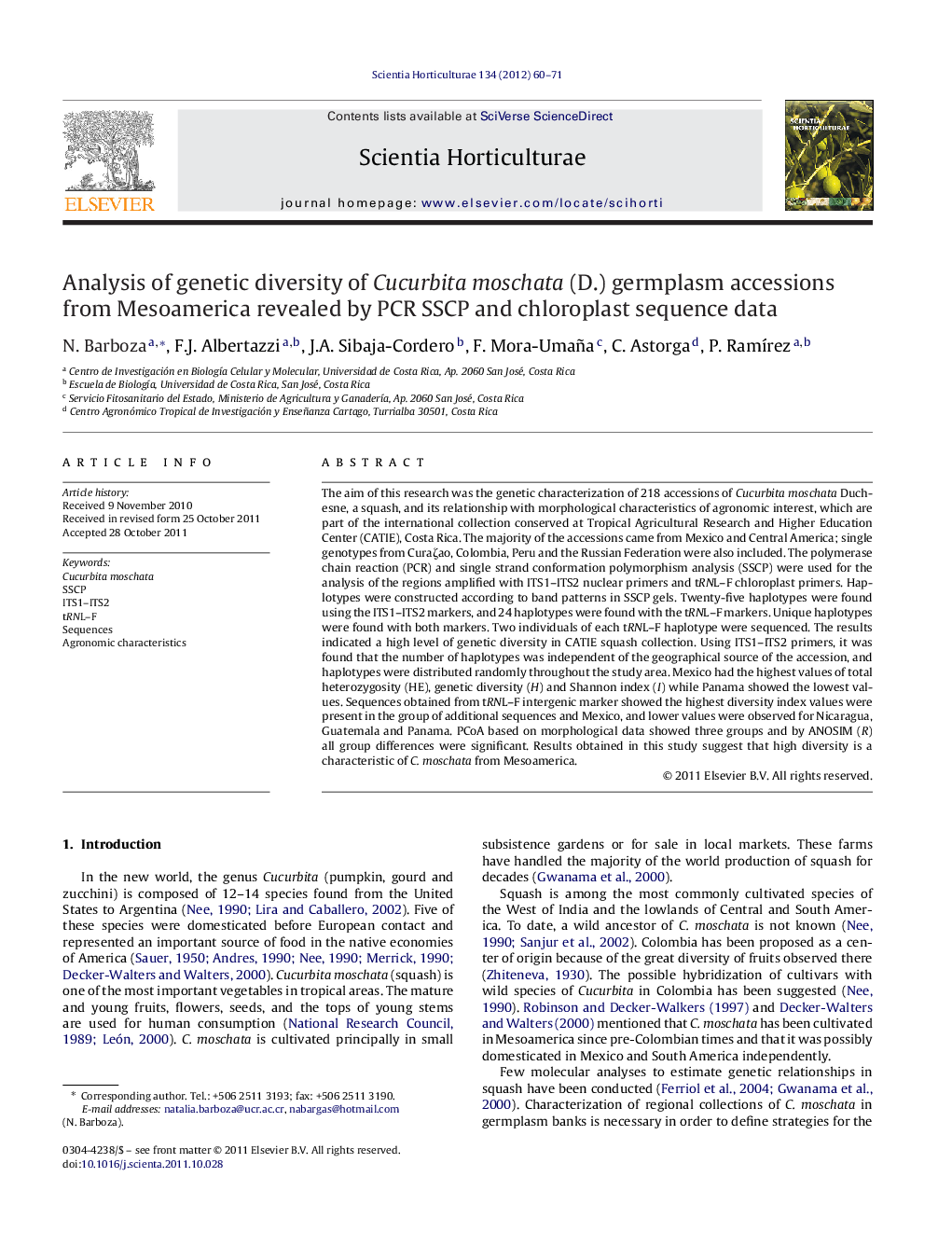 Analysis of genetic diversity of Cucurbita moschata (D.) germplasm accessions from Mesoamerica revealed by PCR SSCP and chloroplast sequence data