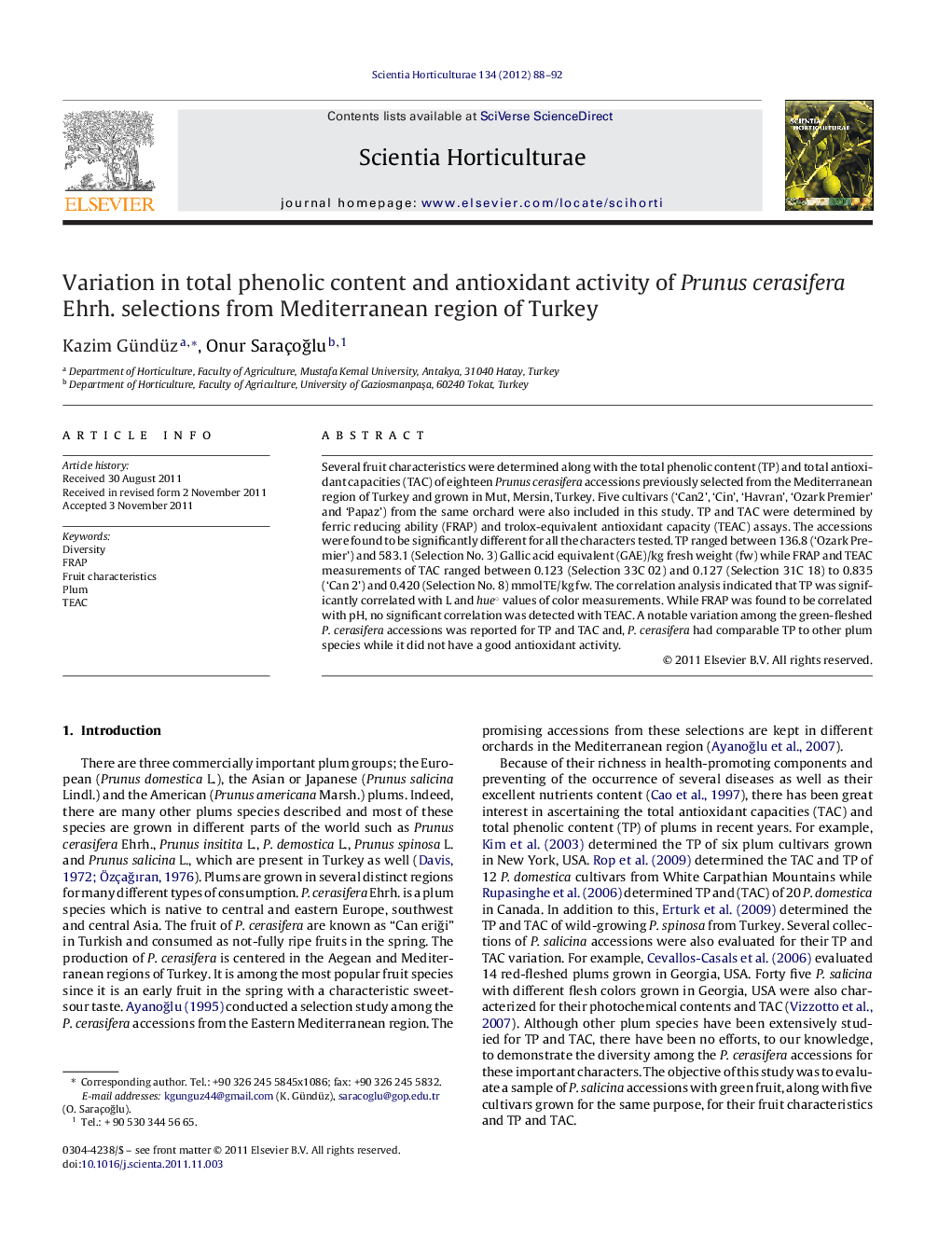 Variation in total phenolic content and antioxidant activity of Prunus cerasifera Ehrh. selections from Mediterranean region of Turkey