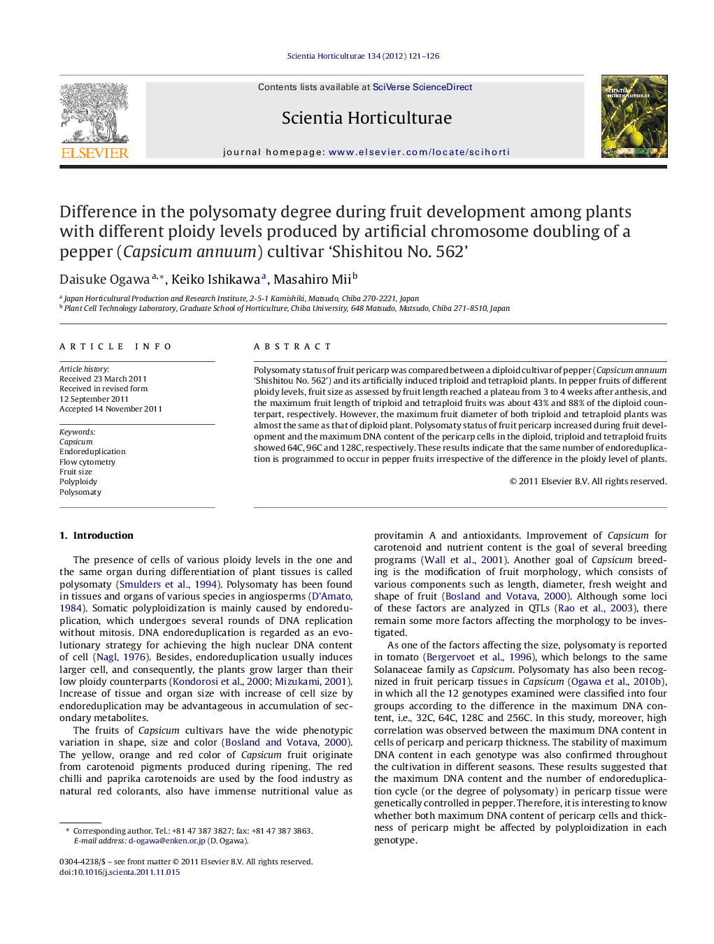 Difference in the polysomaty degree during fruit development among plants with different ploidy levels produced by artificial chromosome doubling of a pepper (Capsicum annuum) cultivar ‘Shishitou No. 562’