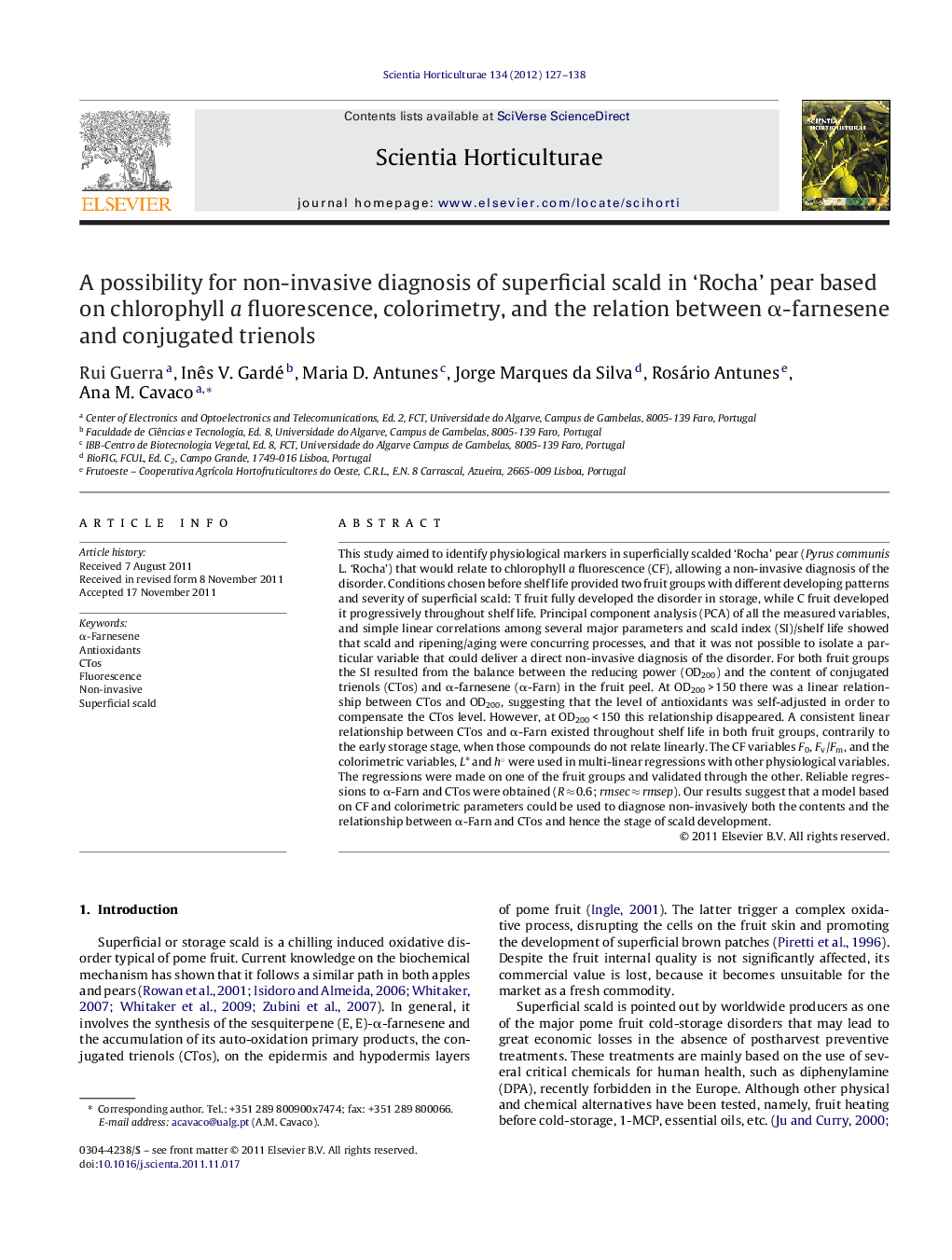 A possibility for non-invasive diagnosis of superficial scald in ‘Rocha’ pear based on chlorophyll a fluorescence, colorimetry, and the relation between α-farnesene and conjugated trienols